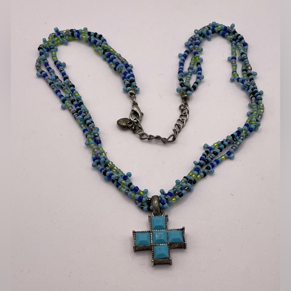 Source Unknown Jewelry - 3 for $30 Multi Strand Seed Beaded Necklace with Faux Turquoise Cross Pendant